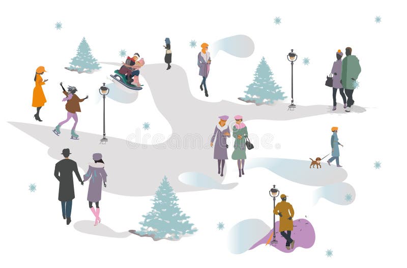 Set of people having rest in the park in winter. Active leisure outdoor activities. royalty free illustration Set of people having rest in the park in winter. Active leisure outdoor activities. royalty free illustration