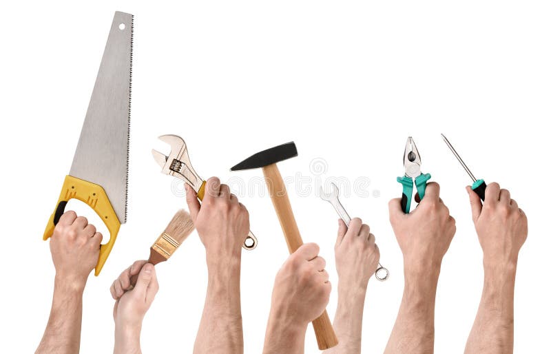 Set of people`s hands holding different building tools isolated on white background stock photo Set of people`s hands holding different building tools isolated on white background stock photo