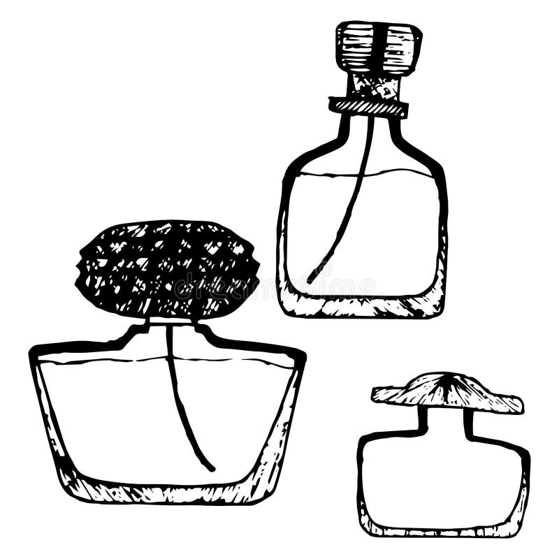 Set perfume bottle. Vector illustration of set toilet water. Hand drawn bottle of perfume royalty free illustration