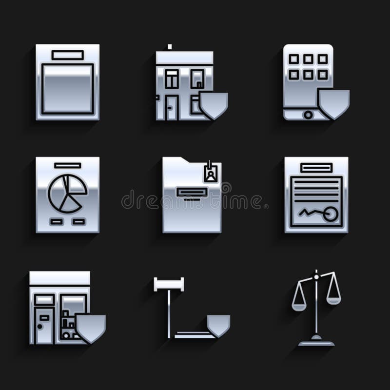 Set Personal folder, Judge gavel with shield, Scales of justice, Filled form, Shopping building, Document graph chart vector illustration
