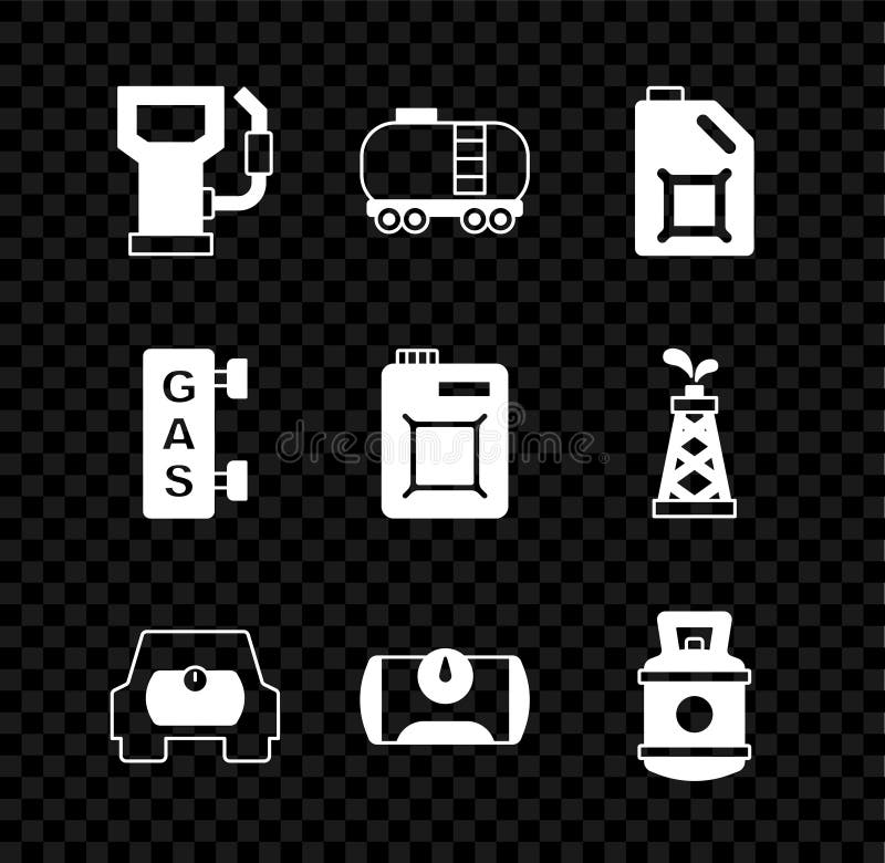 Set Petrol or gas station, Oil railway cistern, Canister for motor oil, Gas tank vehicle, Propane, filling and icon royalty free illustration