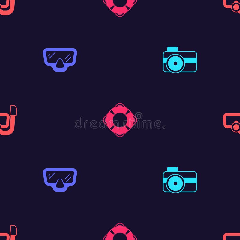 Set Photo camera for diver, Diving mask, Lifebuoy and with snorkel on seamless pattern. Vector stock illustration