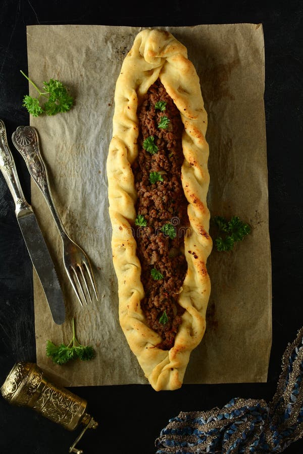 Traditional Turkish Pide with Minced Meat Stock Image - Image of lamb ...