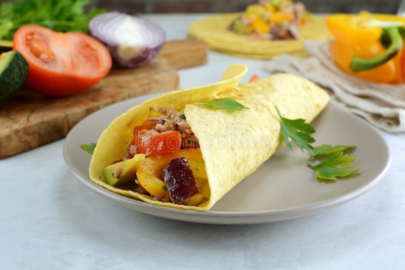 Corn Tortilla Wraps with Tuna, Yellow Bell Pepper, Avocado, and Purple ...