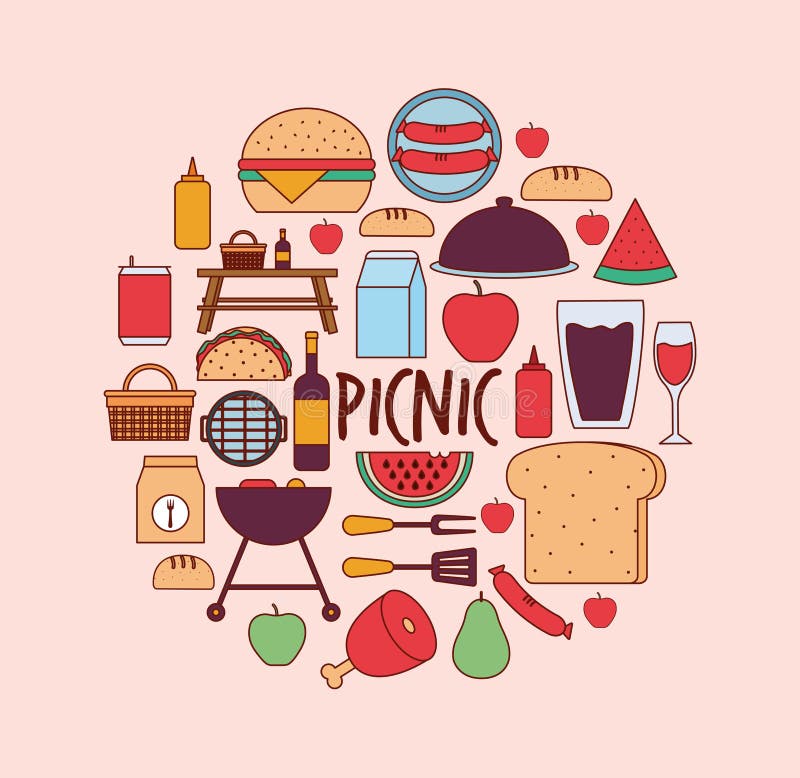 Set of picnic icons and picnic lettering on a pink background stock illustration