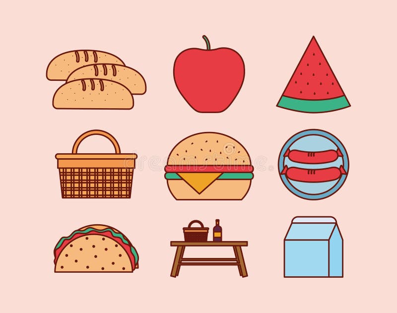 Set of picnic icons on a pink background vector illustration