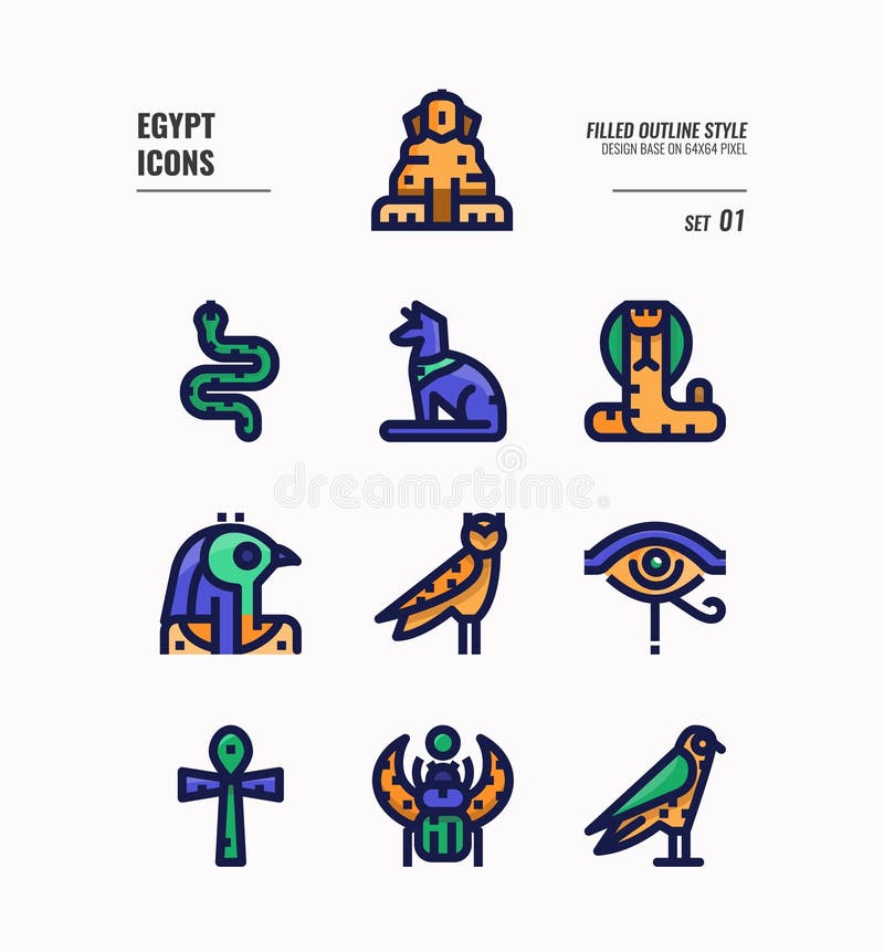 Set pictogramă Egipt 1. include sphinx horus ankh cobra bufon și altele. vector illustration
