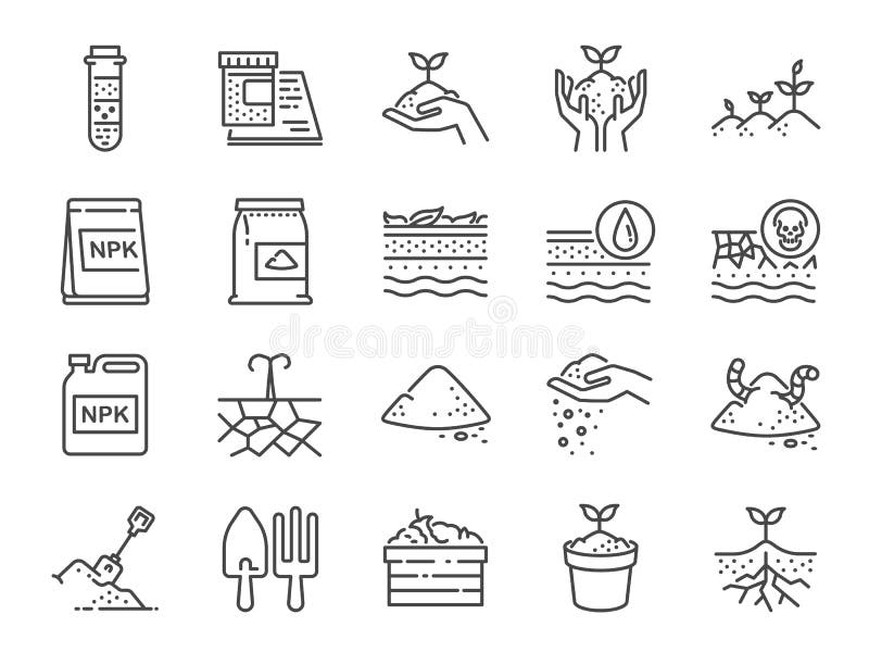 Set pictogramă linie sol. includea pictogramele ca teren de compost pământ compost pământ pământ pământ și mai multe. stock illustration