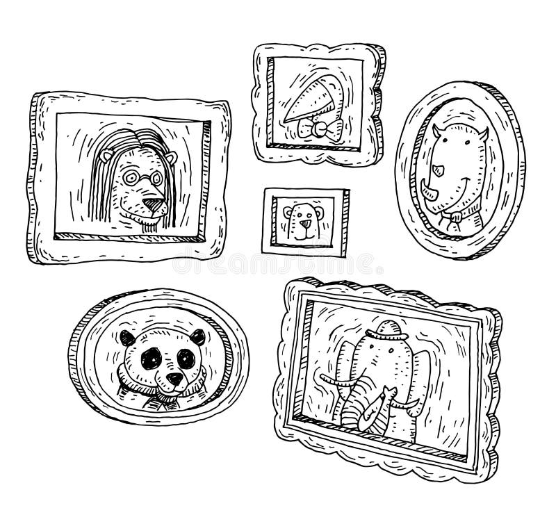 Set picture frames with animals portrait, hand drawn vector illustration