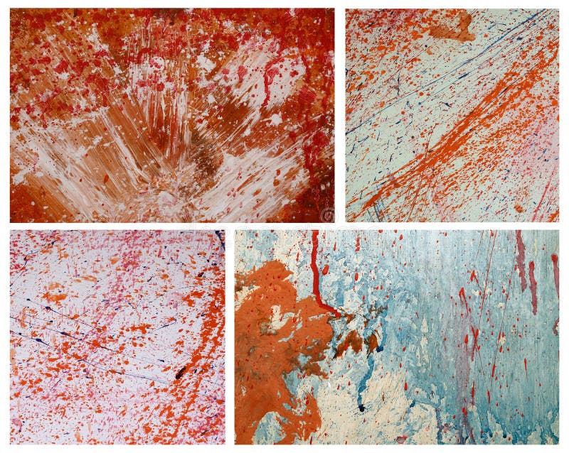 Set of pictures with Red and blue paint splashes on grunge wall. Abstract hand painted backdrop for your design