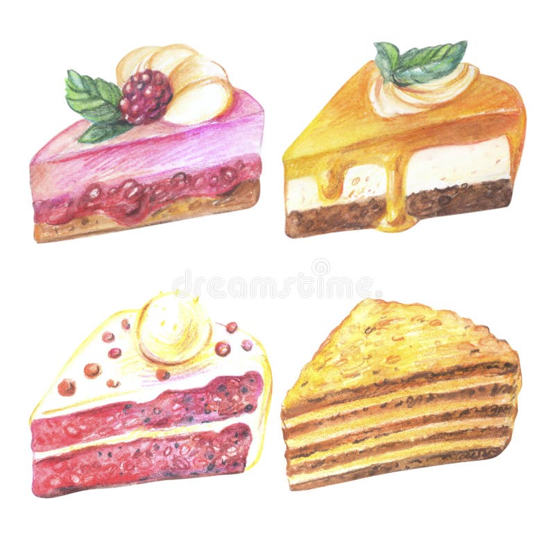 Set of pieces of cake. Hand drawn watercolor pencils.