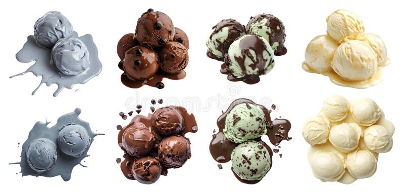 Set of pile stack of melt melting Ice cream scoop balls, transparent PNG. Double chocolate chip, Mint, Raspberry, sesame vector illustration
