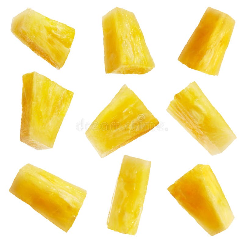Set of pineapple chunks or pineapple slices isolated on white. Background