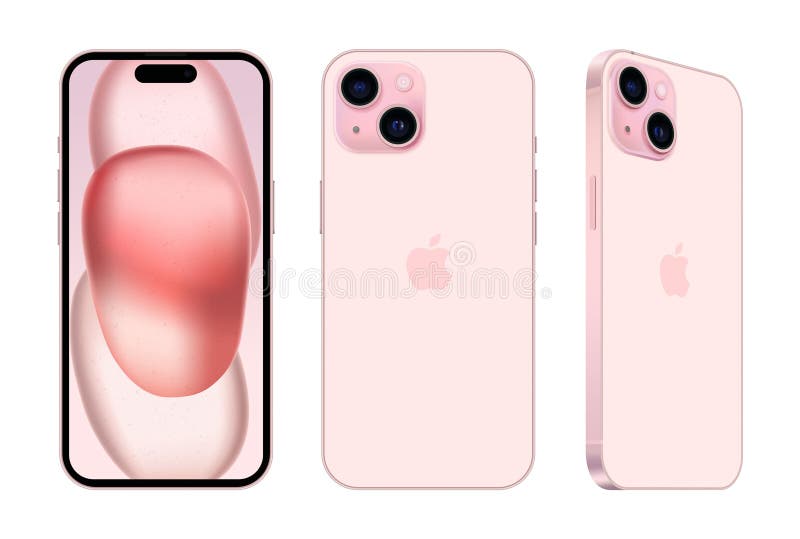 Set of Pink Apple iPhone 15 mobile phone in different sides, on white background, vector illustration. The iPhone 15 and iPhone 15 stock illustration