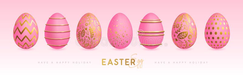 Set of pink easter eggs with golden elements. Happy Easter holiday background. Greeting card or poster. stock illustration