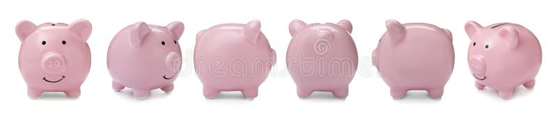 Set with pink piggy bank from different views royalty free stock photography
