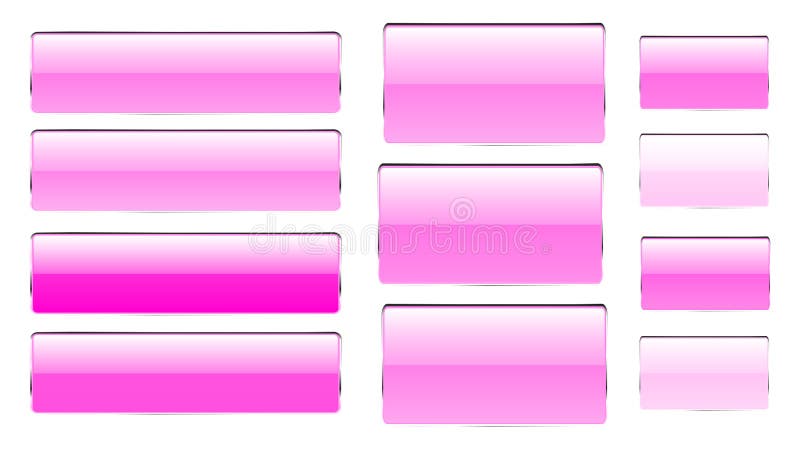 Set of pink rectangular and square glass transparent bright beautiful vector buttons of different shades with a silvery metal fram stock illustration
