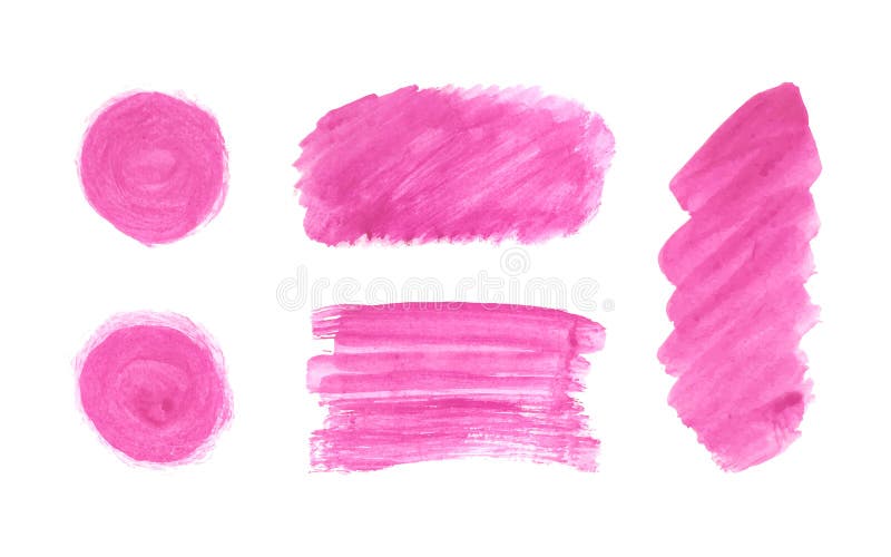 Set of pink stain hand paint, burgundy round shapes, crimson rectangle, stripes, circles, lines isolated on white background