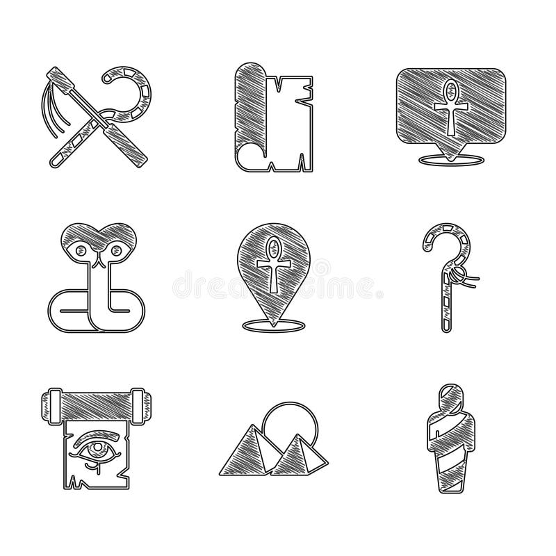 Set piramide din Egiptul Antic Cruce Ochi Crook de Horus pe papirus pergament și pictograma flail. vector stock illustration