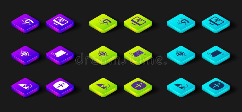 Set piramide egiptene încrucișat cu simbolul egiptean înaripat cu ochi de papirus de soare pe monitor și pictogramă. vector royalty free illustration