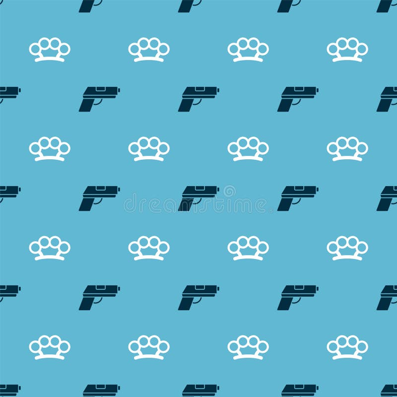 Set Pistol or Gun and Brass Knuckles on Seamless Pattern. Vector Stock