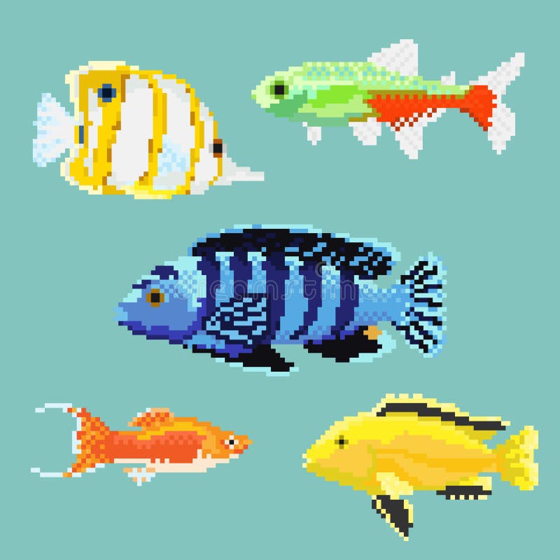 Set of pixel exotic fish stock vector. Illustration of ocean - 109937764