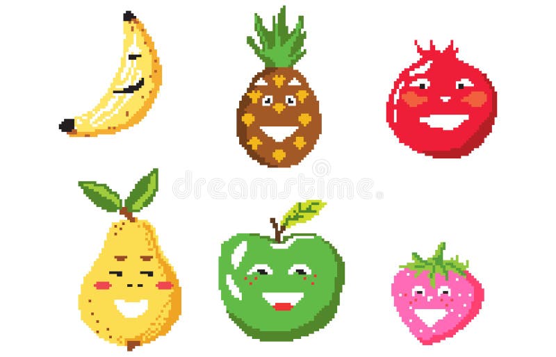 Set pixel art fruits icon 32x32 pixels Royalty Free Vector