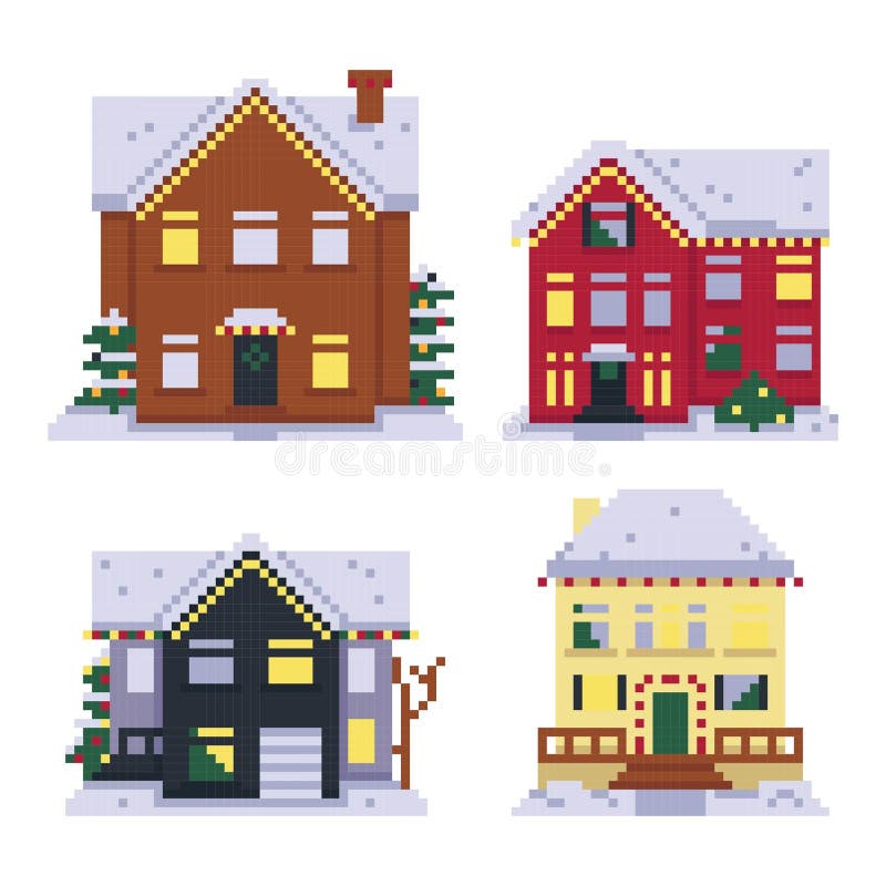 Set of pixel houses isolated on white background. Christmas decor. Winter. Graphics for games. 8 bit. Vector illustration in pixel royalty free illustration Set of pixel houses isolated on white background. Christmas decor. Winter. Graphics for games. 8 bit. Vector illustration in pixel royalty free illustration