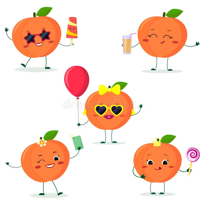 Set pięć Kawaii brzoskwini śliczna owoc w kreskówka stylu W szk?ach z lody, z balonem z lizakiem, z royalty ilustracja Set pięć Kawaii brzoskwini śliczna owoc w kreskówka stylu W szk?ach z lody, z balonem z lizakiem, z royalty ilustracja