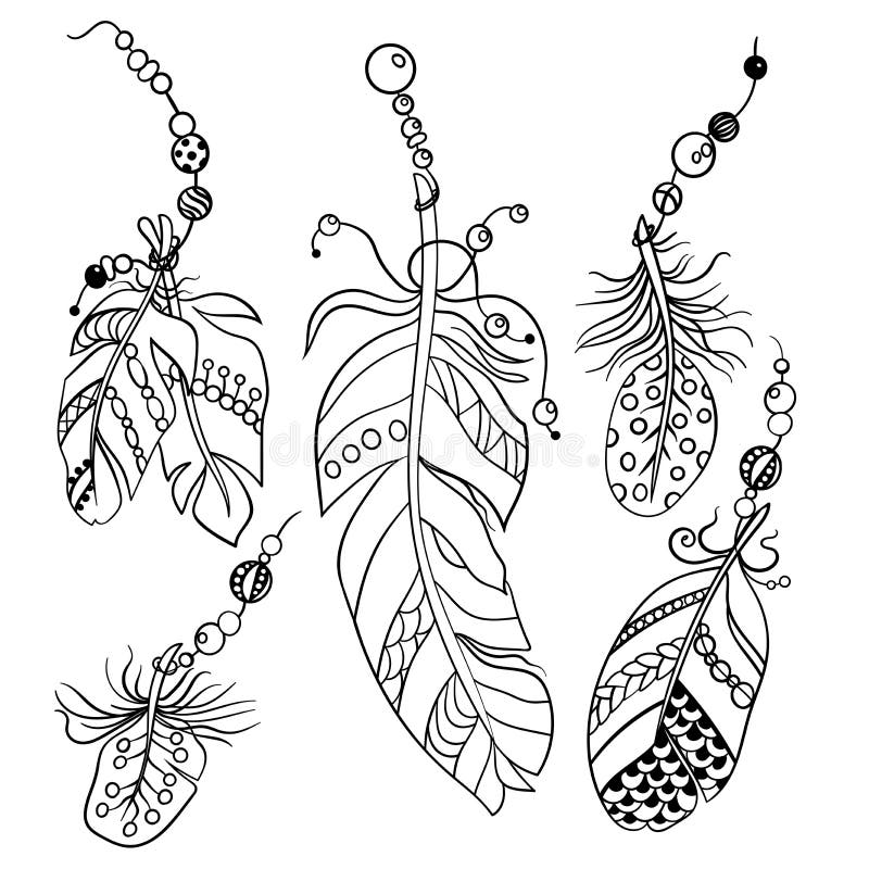 Set pięć piórek w plemiennym amerykańskim etnicznym stylu w kolorystyce royalty ilustracja Set pięć piórek w plemiennym amerykańskim etnicznym stylu w kolorystyce royalty ilustracja