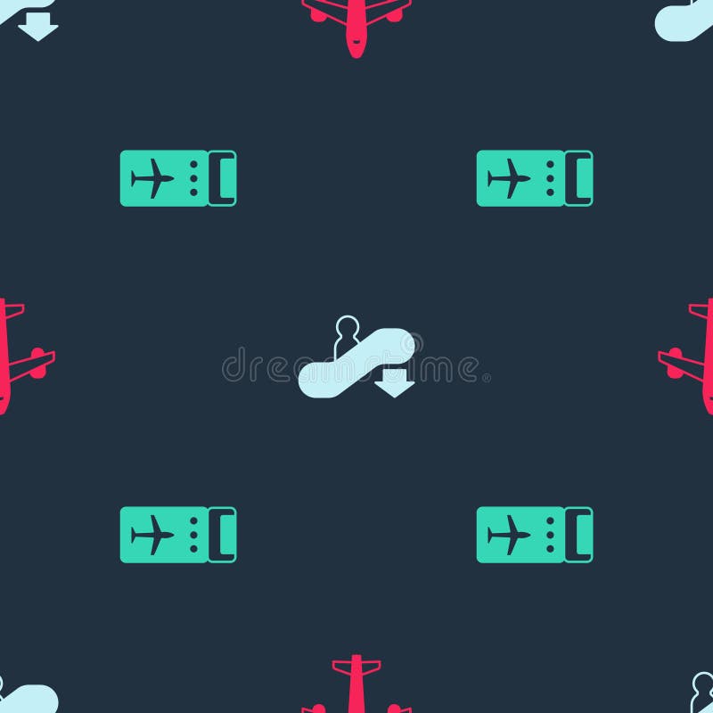 Set Plane, Escalator Down and Airline Ticket on Seamless Pattern