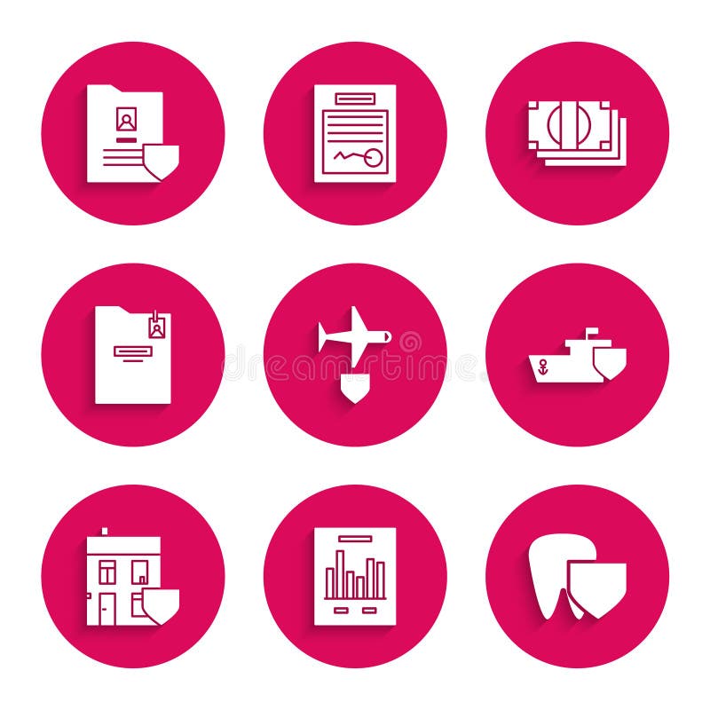 Set Plane with shield, Document graph chart, Tooth, Ship, House, Personal folder, Stacks paper money cash and icon stock illustration