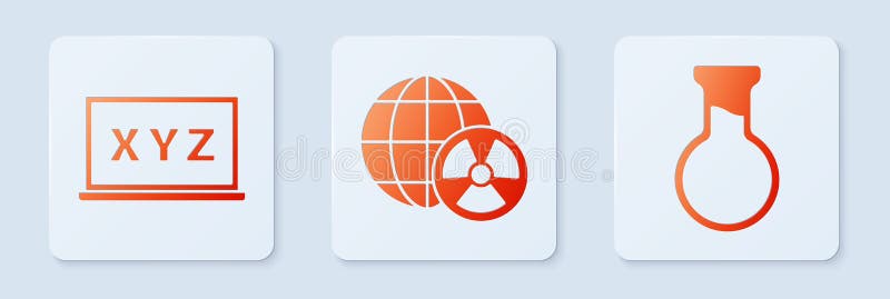 Set Planet earth and radiation, XYZ Coordinate system and Test tube and flask. White square button. Vector vector illustration