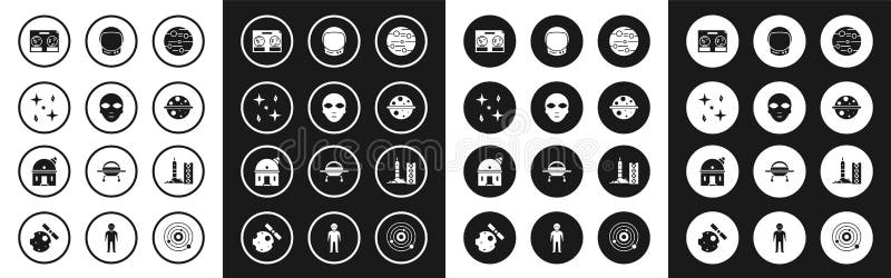 Set Planet Mars, Alien, Falling stars, Celestial map of the night sky, Saturn, Astronaut helmet, Rocket launch from royalty free illustration