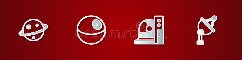 Set Planet Saturn, , Astronaut helmet and Satellite dish icon. Vector stock illustration