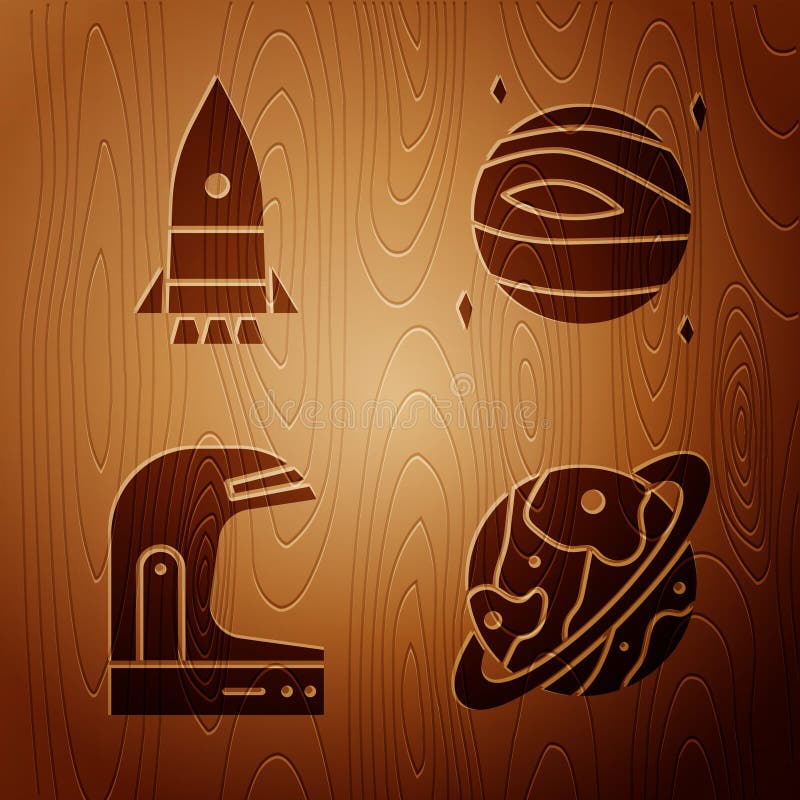 Set Planet Saturn, Rocket ship, Astronaut helmet and Planet Venus on wooden background. Vector vector illustration