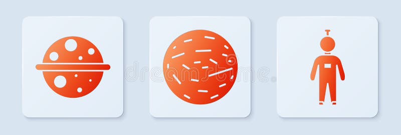 Set Planet Venus, Planet Saturn and Astronaut. White square button. Vector royalty free illustration