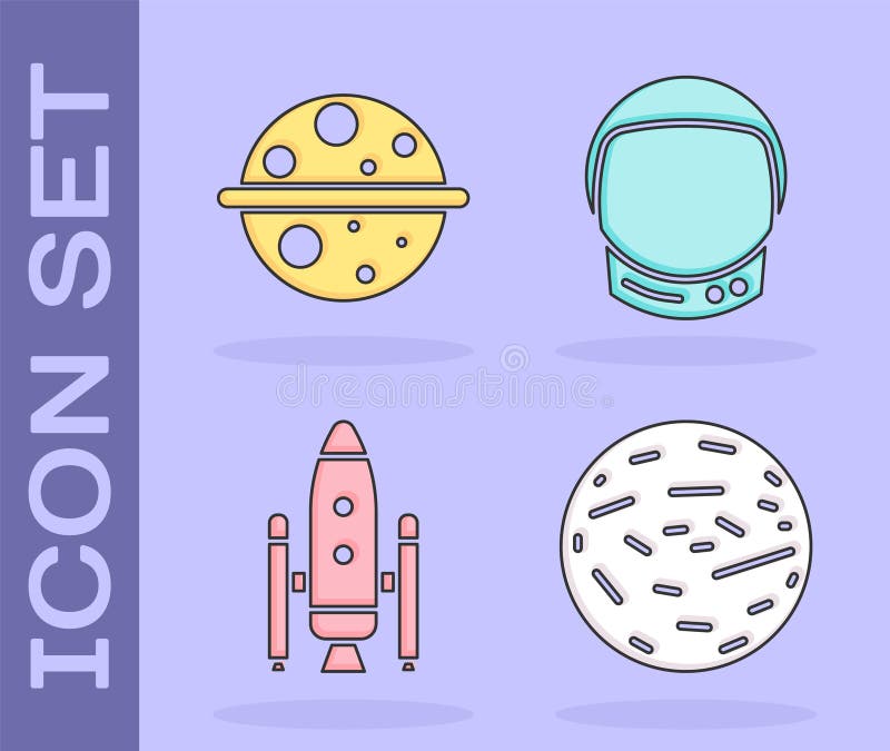 Set Planet Venus, Planet Saturn, Space shuttle and rockets and Astronaut helmet icon. Vector royalty free illustration