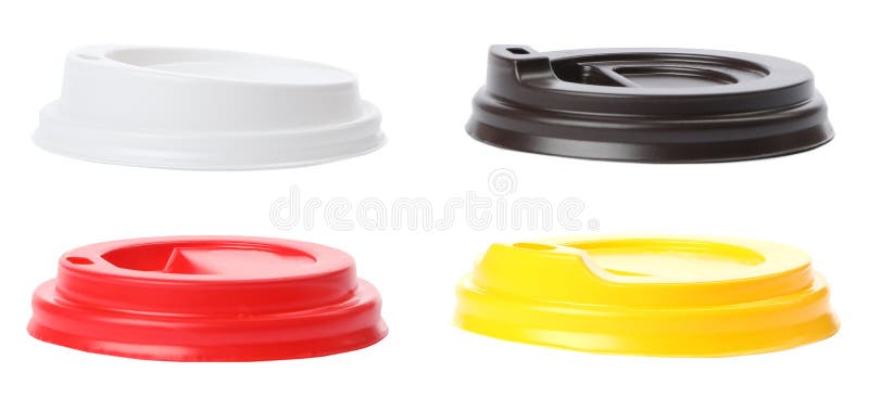 Set of plastic lids for takeaway cups on white background. royalty free stock images