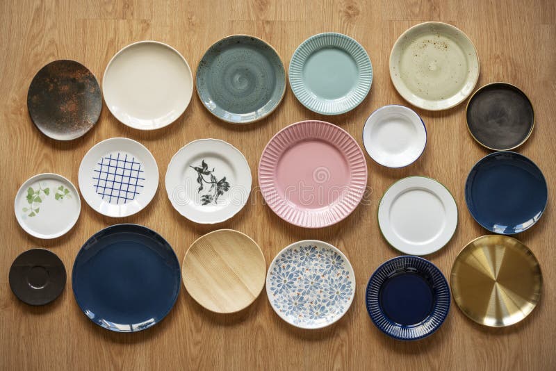 Set of Plates of Different Materials, Styles and Colors Stock Image Image of dinnerware
