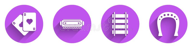 Set Playing cards, Harmonica, Railway, railroad track and Horseshoe icon with long shadow. Vector royalty free illustration