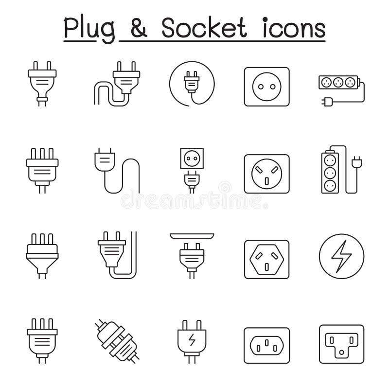 Set of Plug Related Vector Line Icons. Contains such Icons as Socket, outlet, Charge, outlet, wire, cable, cord, prong and more stock illustration
