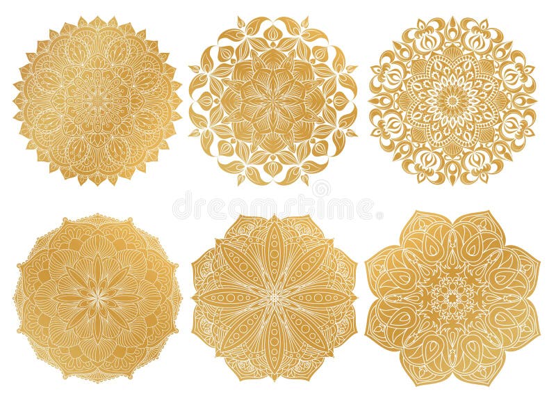 Set 6 pociągany ręcznie złocistych Arabskich mandala na białym tle ornament etniczne ilustracji Set 6 pociągany ręcznie złocistych Arabskich mandala na białym tle ornament etniczne ilustracji
