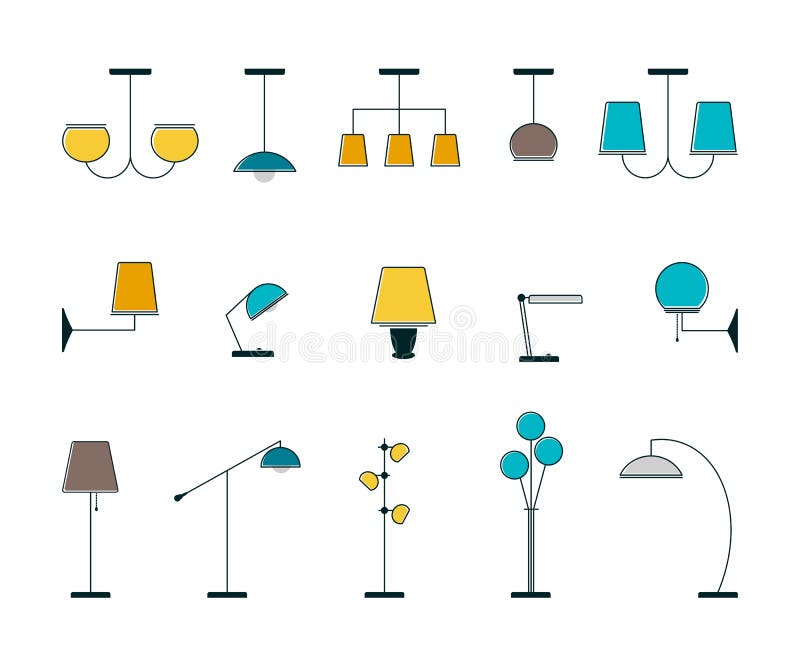 Set podłogowe lampy, świeczniki, stołowe lampy ilustracji Set podłogowe lampy, świeczniki, stołowe lampy ilustracji