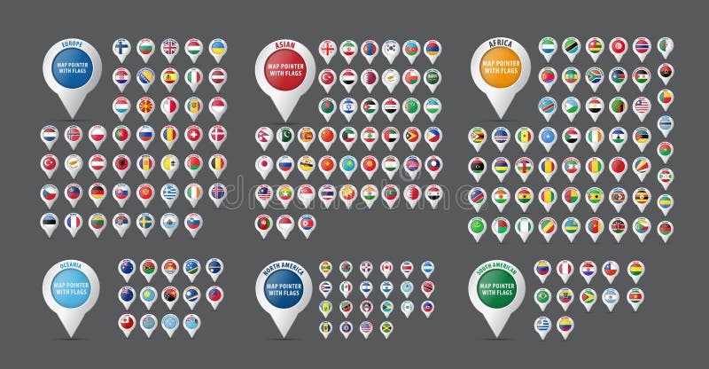 Set of pointers for a map with flags of all countries and continents royalty free illustration Set of pointers for a map with flags of all countries and continents royalty free illustration
