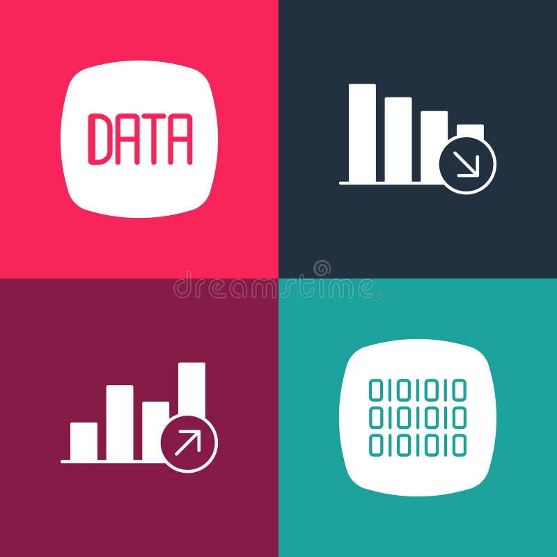 Set pop art Binary code, Financial growth, decrease and Data analysis icon. Vector. Set financial growth decrease vectors