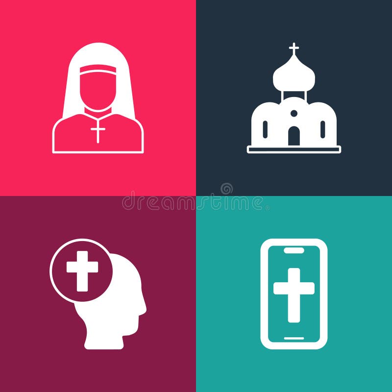 Set Pop Art Christian Cross on Phone, Priest, Church Building and Nun ...