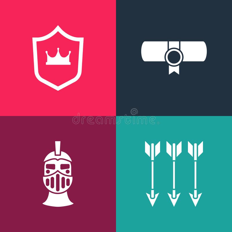 Set pop art Crossed arrows, Medieval iron helmet, Decree, parchment, scroll and Shield with crown icon. Vector