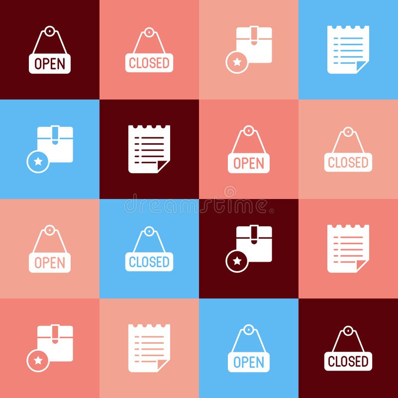 Set pop art Hanging sign with text Open, Closed, Carton cardboard box and Wish list template icon. Vector stock illustration