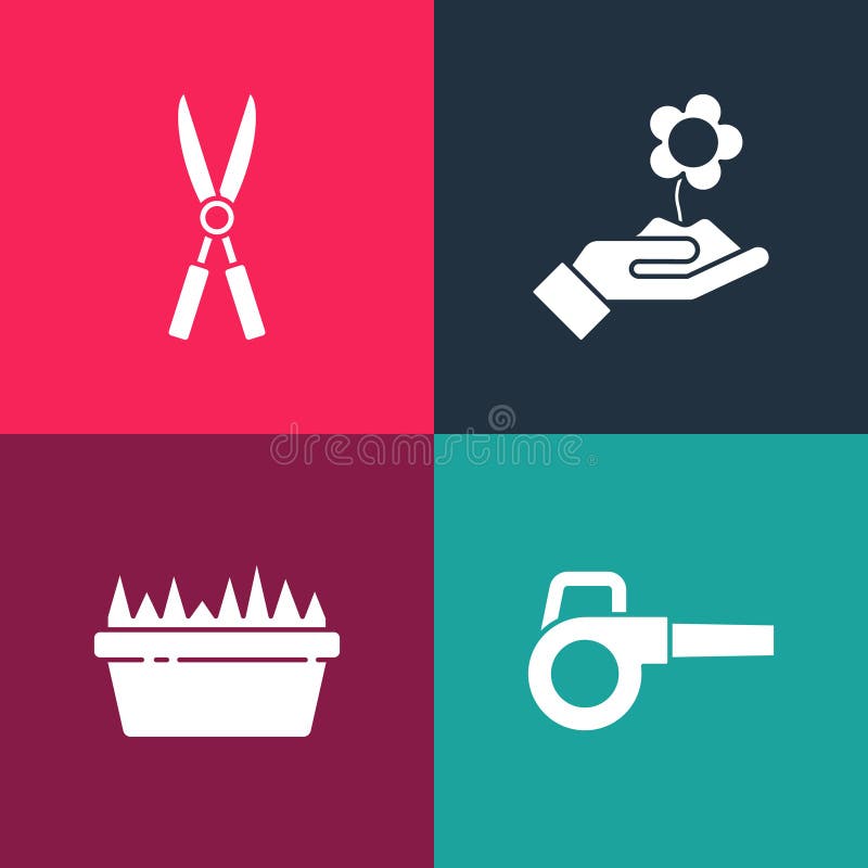 Set pop art Leaf garden blower, Fresh grass in rectangular, Hand holding flower and Gardening handmade scissors icon royalty free illustration